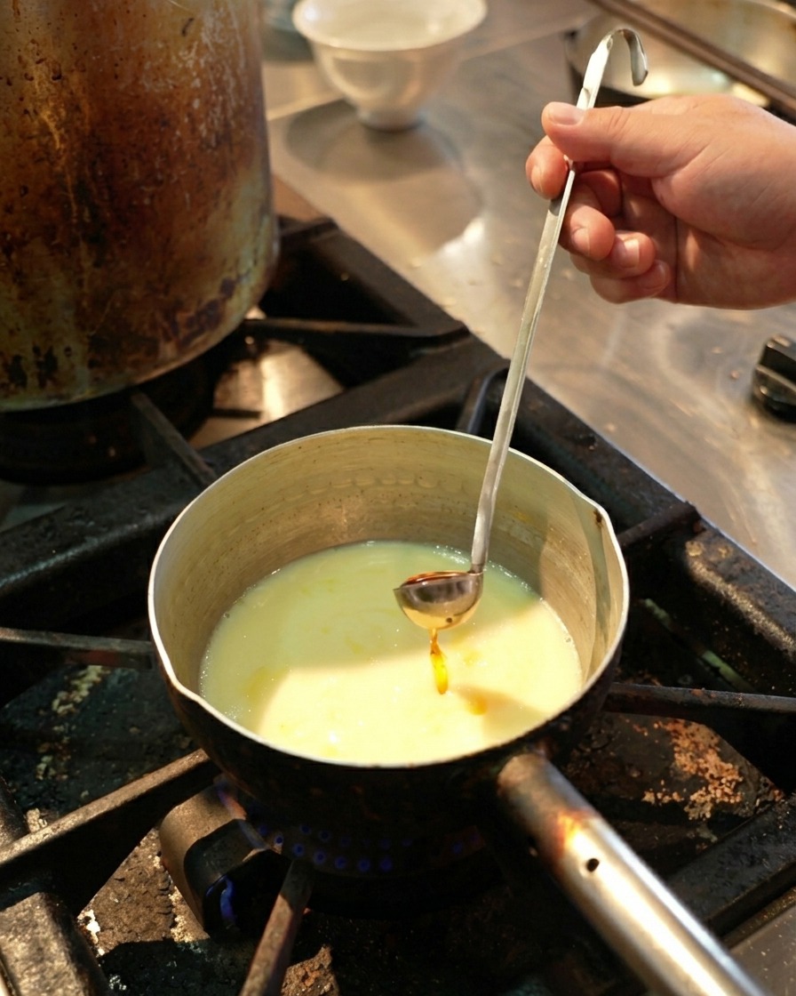 Un pequeño cazo vertiendo un aceite de gambas naranja vibrante en una olla de caldo de pollo hirviendo sobre una llama de gas.
