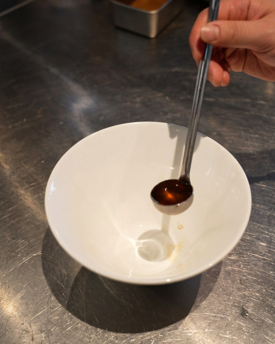 Un cazo de mango largo vertiendo un líquido de sazón ámbar oscuro en el centro de un bol de ramen cerámico blanco y profundo.