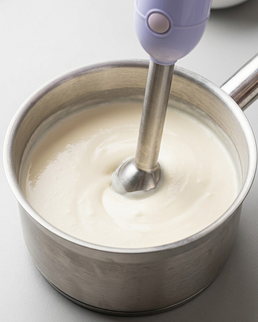 Una batidora de inmersión plateada batiendo un líquido amarillo hasta convertirlo en una espuma blanca, espesa y lechosa.