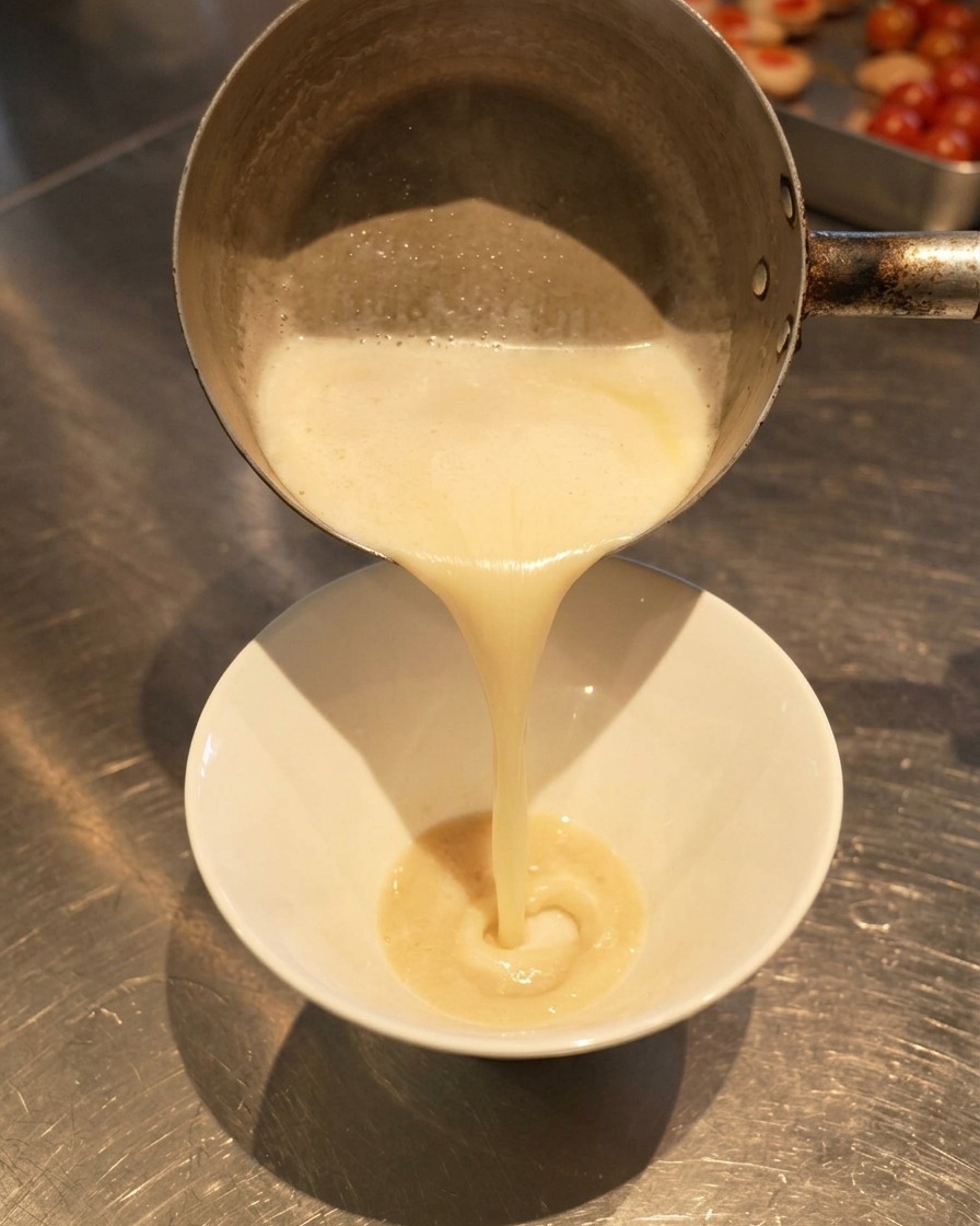 Caldo blanco espumoso vertiéndose desde una cacerola en un bol blanco, mezclándose con una salsa más oscura en el fondo.