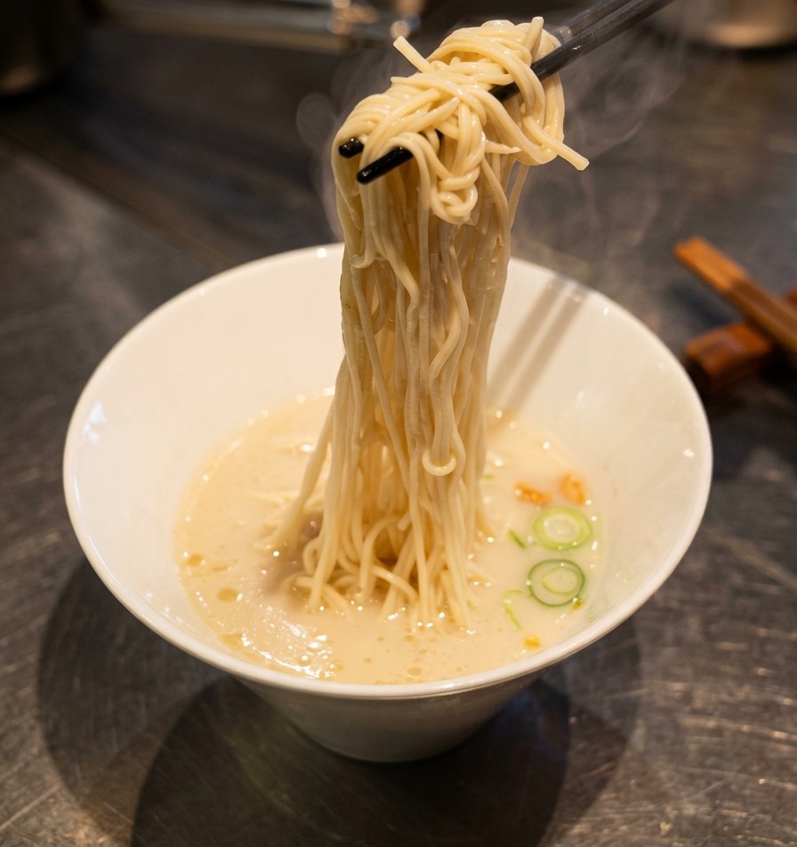 Palillos levantando y acomodando fideos ramen finos en un bol de sopa blanca cremosa y espumosa.