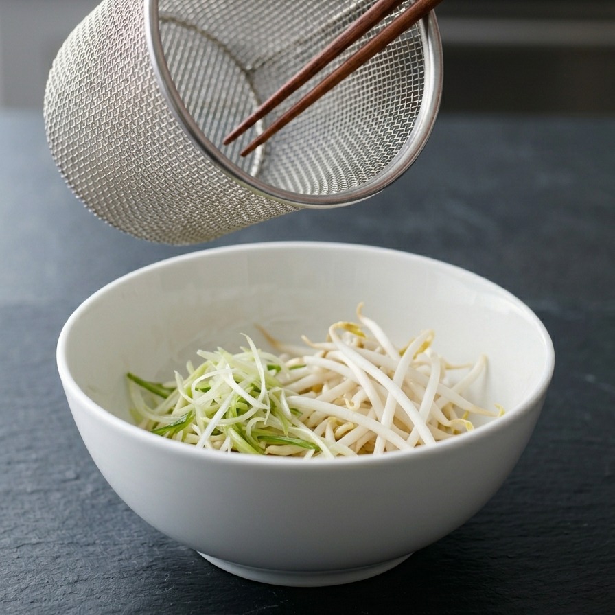 Una mano usando palillos para colocar brotes de soja frescos y vegetales verdes en un bol de ramen.