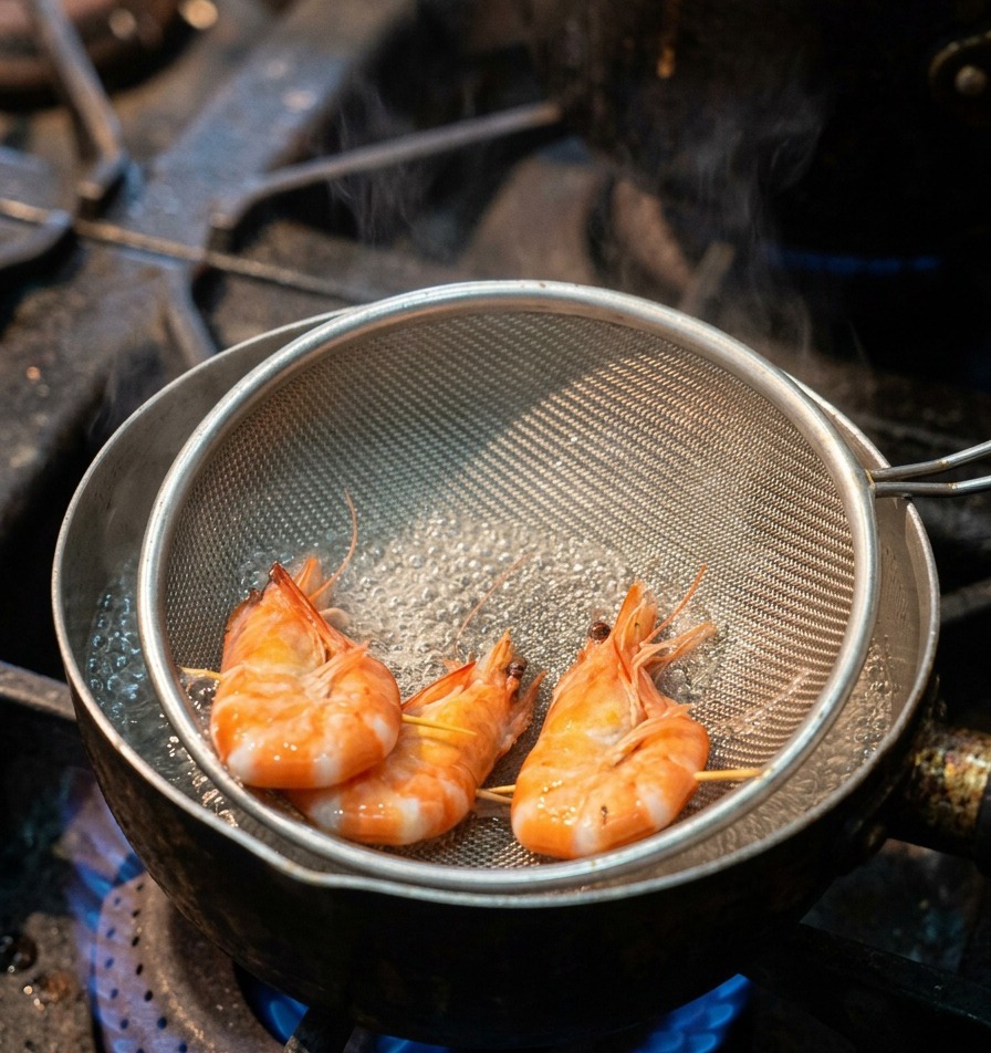 Tres gambas enteras cociéndose en un cestillo metálico dentro de una olla de agua hirviendo.
