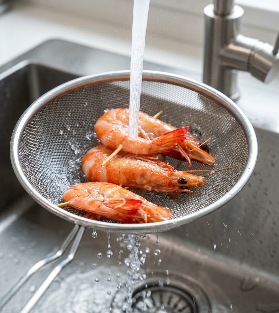 Gambas naranjas cocidas en un colador metálico bajo un chorro de agua fría en un grifo de cocina.