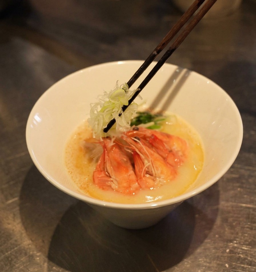 Palillos colocando una guarnición de cebolleta blanca finamente cortada en juliana sobre un bol de ramen de gambas.