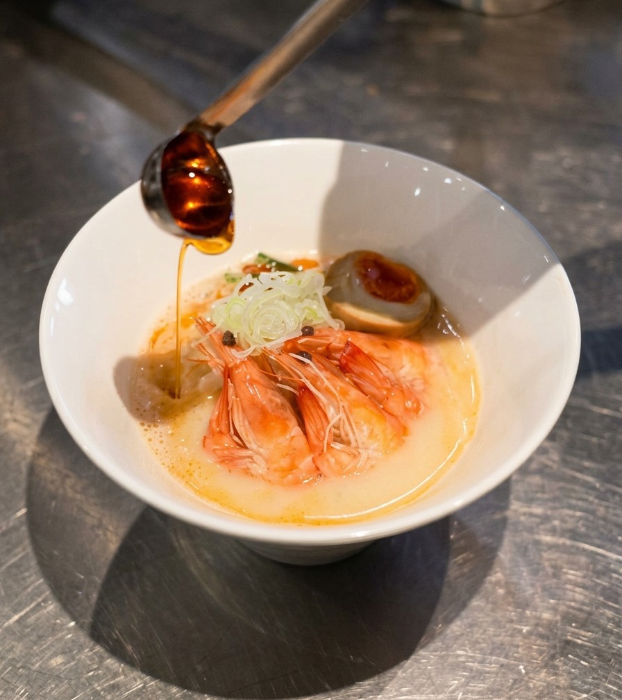 Un cazo metálico vertiendo aceite naranja rojizo en un bol de ramen terminado con gambas, cebolleta y huevo sobre caldo cremoso.