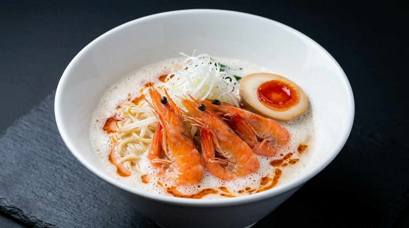 Ramen cremoso de gambas y pollo (Ebi Tori Paitan)