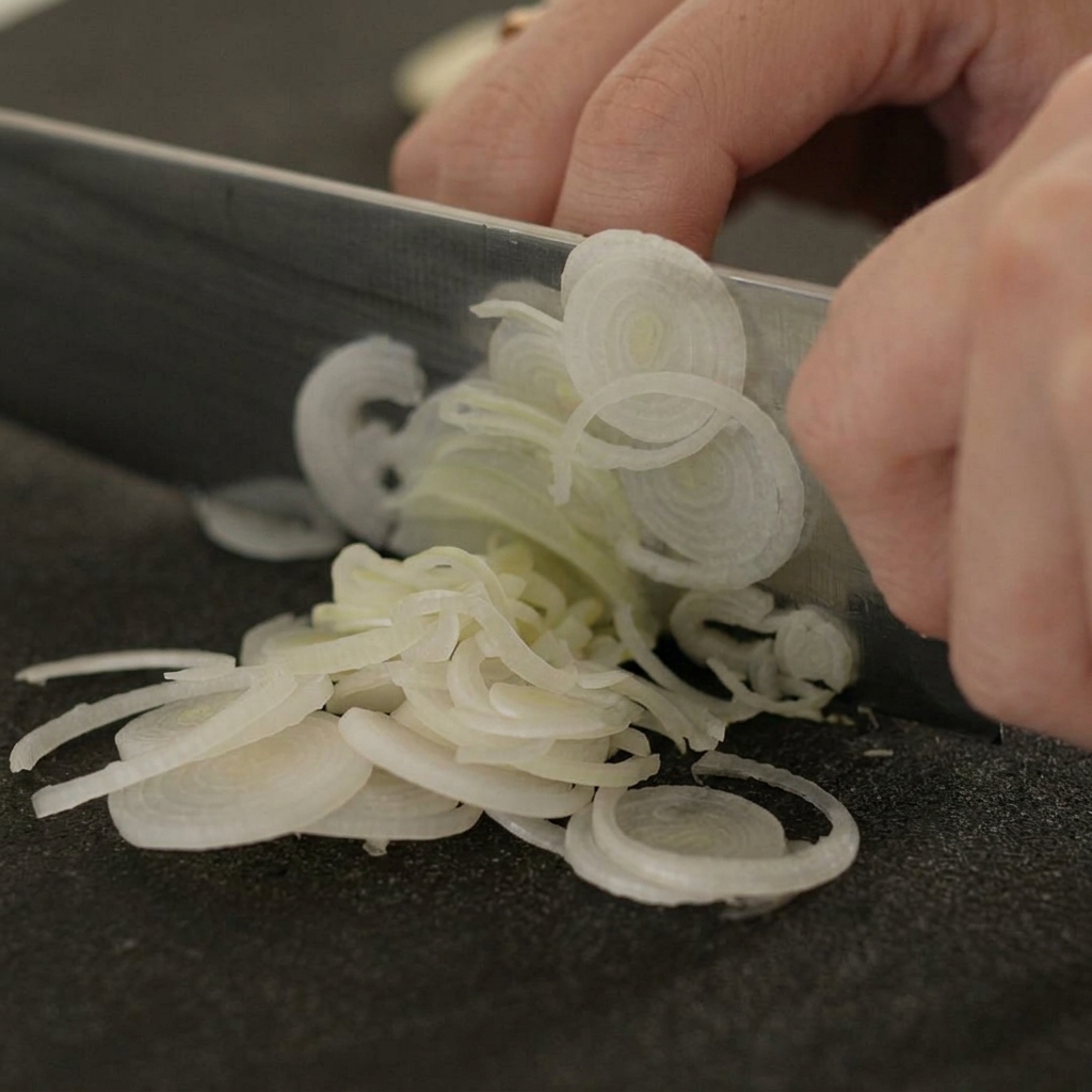 Un cuchillo de chef cortando un puerro blanco sobre una tabla negra, creando aros finos y translúcidos.