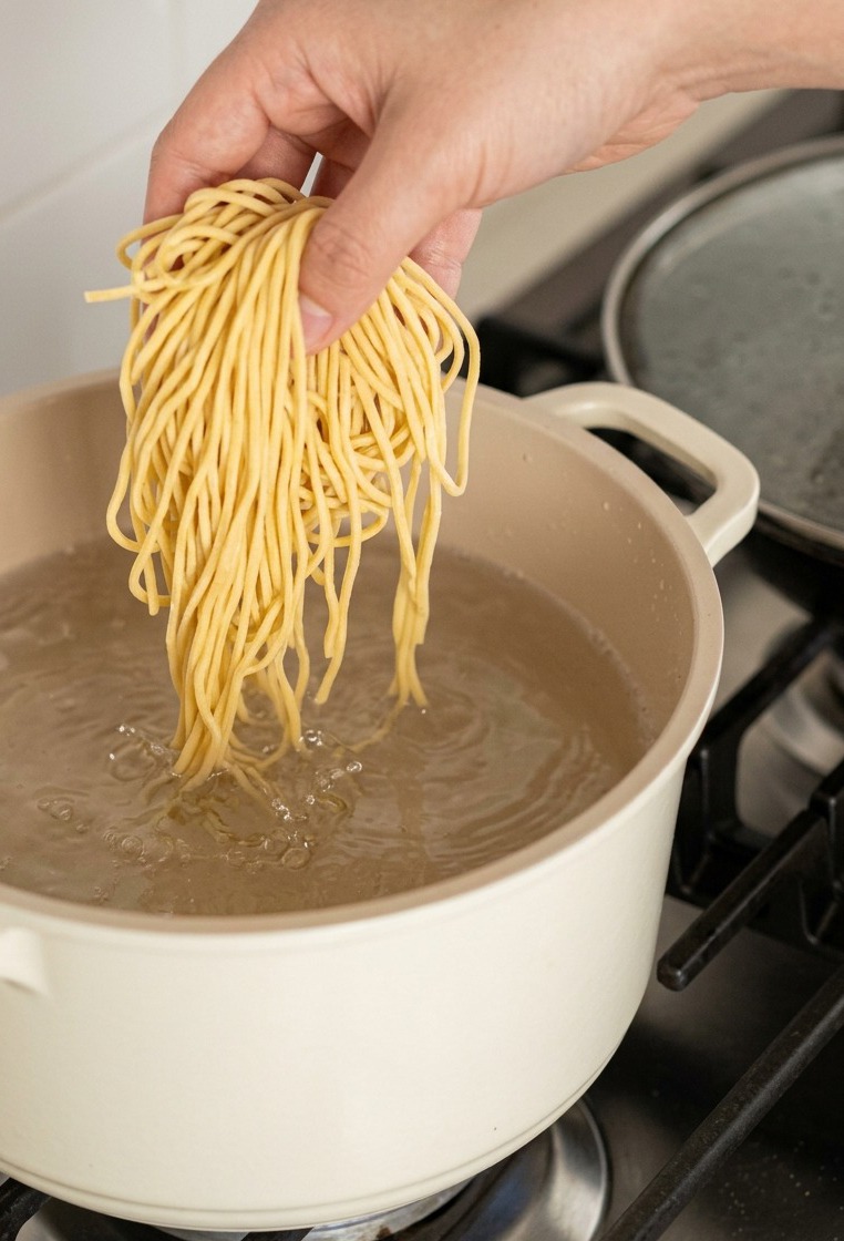Una mano echando fideos ramen frescos de color amarillo pálido en una olla con agua hirviendo.