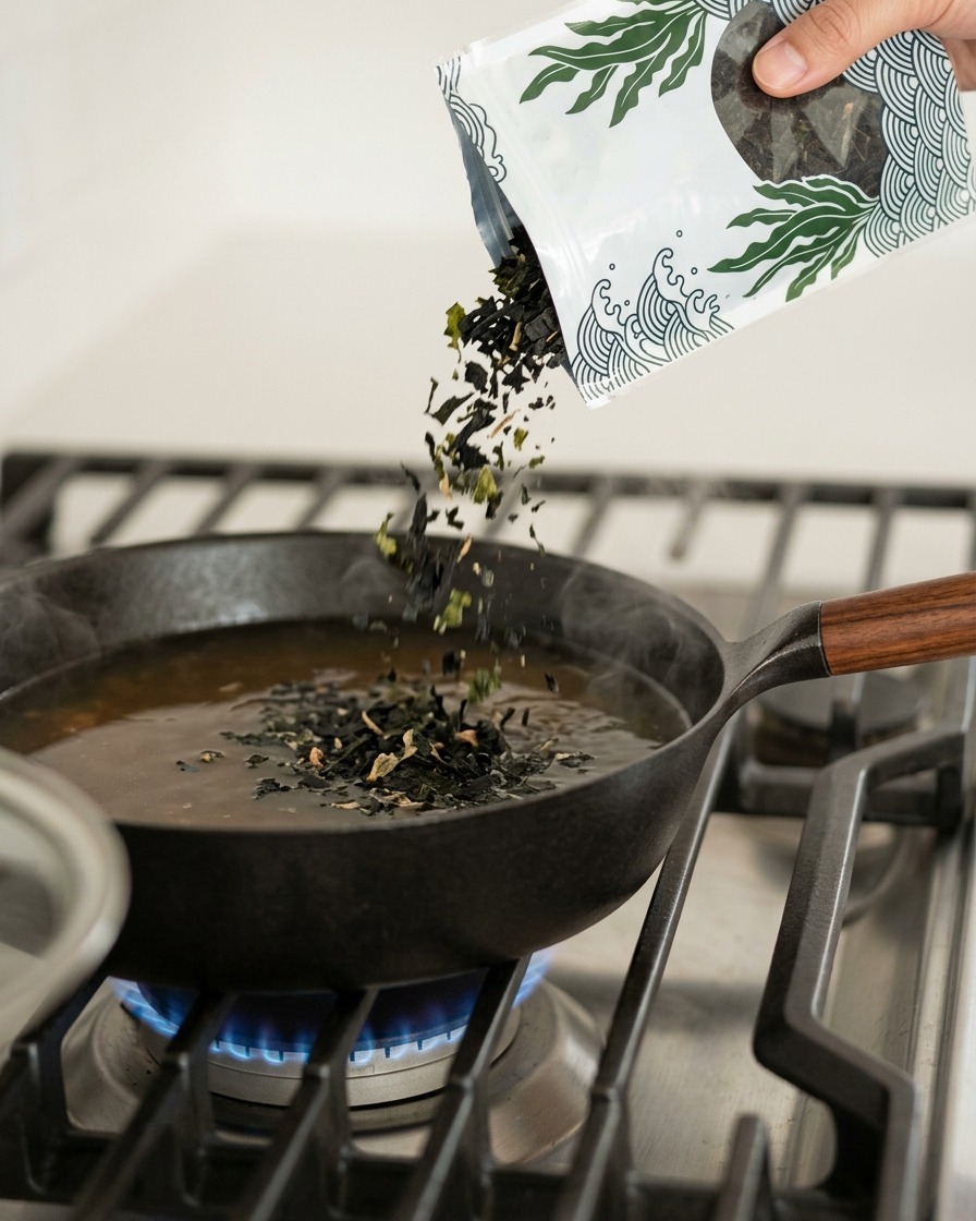 Copos de alga deshidratada cayendo en un caldo de ramen burbujeante desde un paquete blanco.
