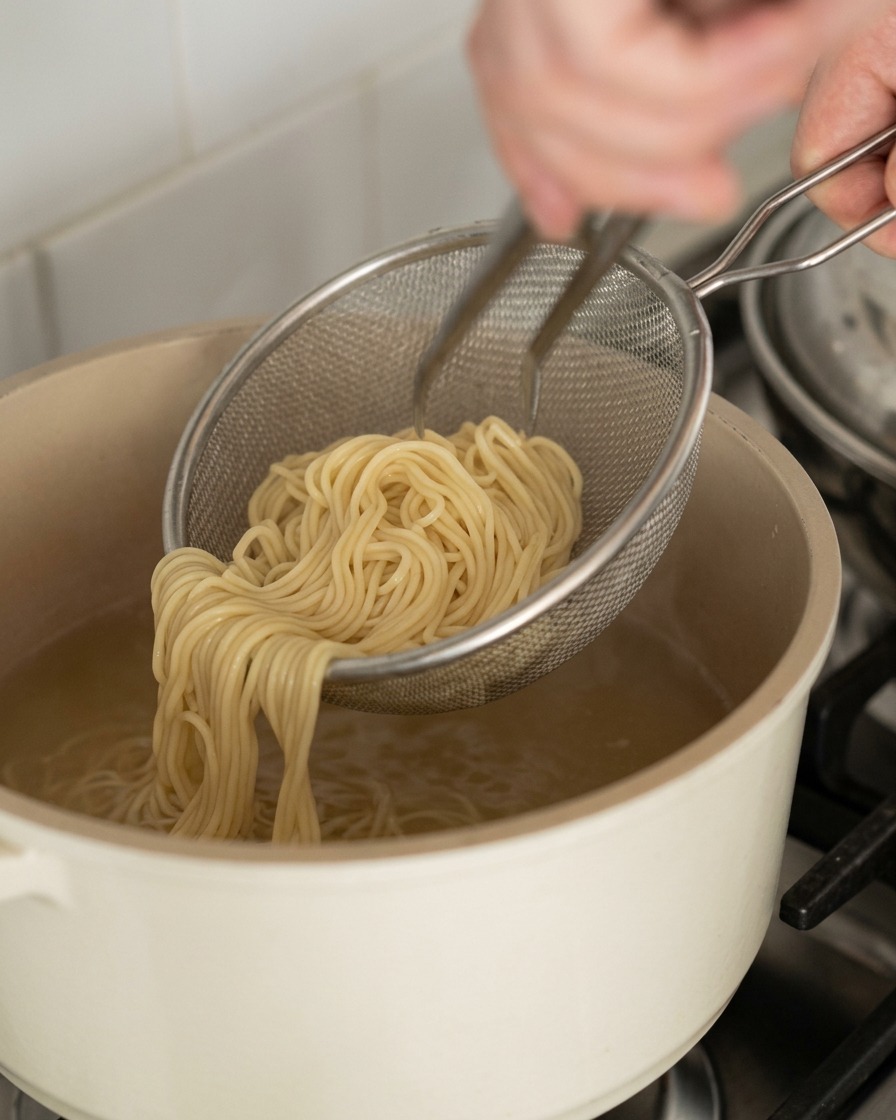 Un colador levantando una ración generosa de fideos ramen de una olla blanca.