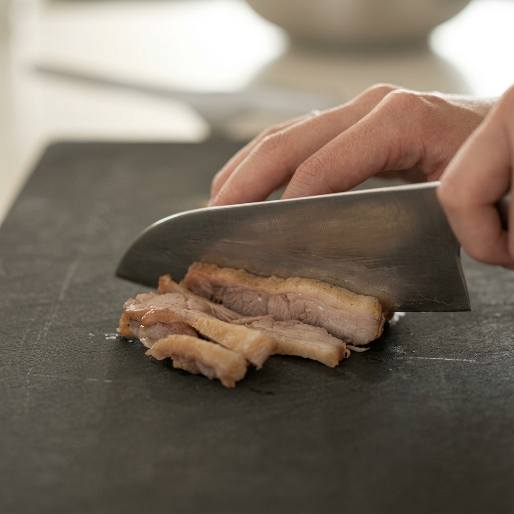 Cortando la carne de pato sellada en tiras uniformes sobre una tabla negra con un cuchillo afilado.