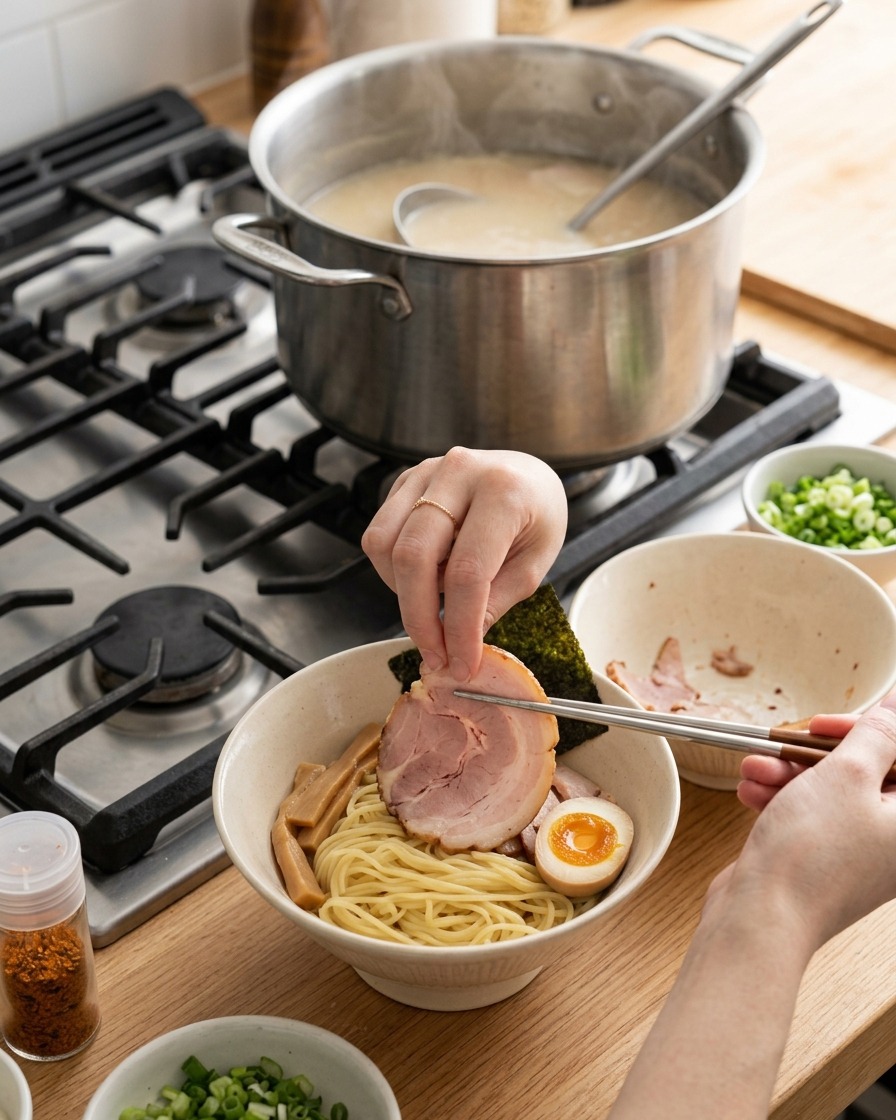 Colocando una lámina de pato en un bol de ramen que ya contiene fideos y un huevo.