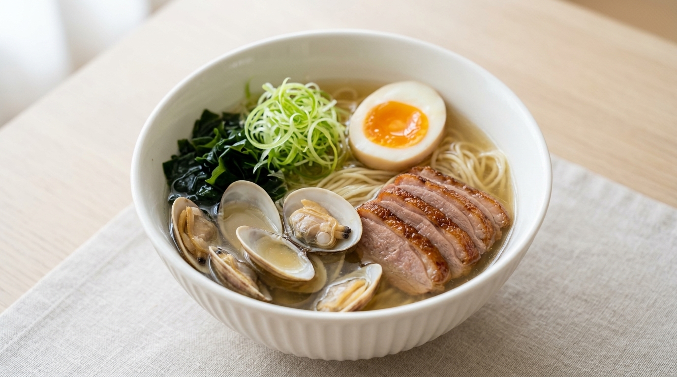 Un bol de Ramen Shio con almejas, láminas de pato marcado, alga wakame y un huevo de yema líquida.