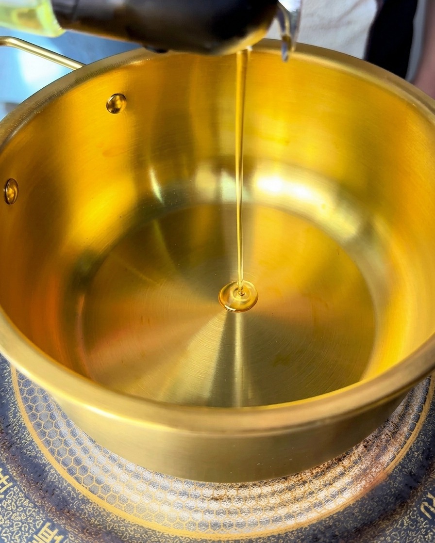 Aceite amarillo claro vertiéndose en un chorro fino en una olla dorada limpia y brillante.