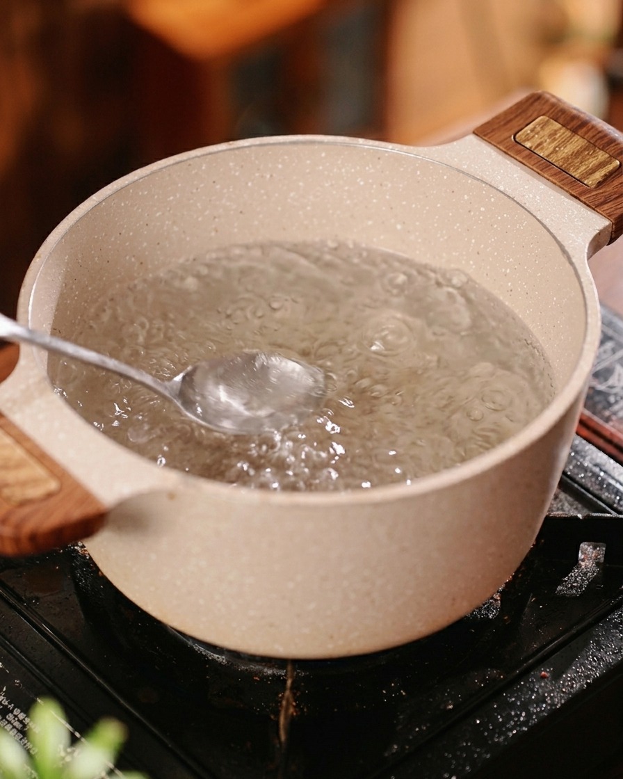 Una olla con agua hirviendo, sazonada con sal y aceite antes de añadir la pasta.