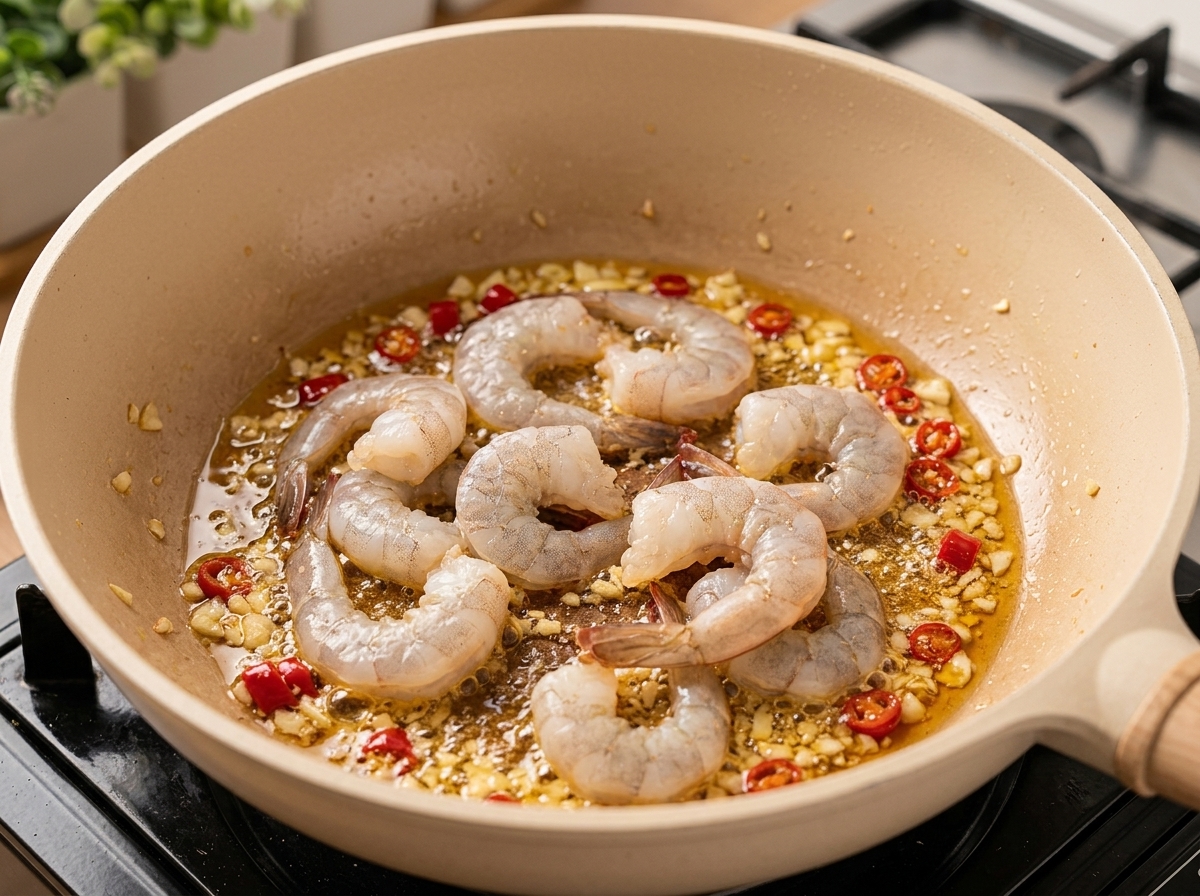 Gambas crudas añadidas a la sartén con el sofrito de cebolla y chiles rojos.