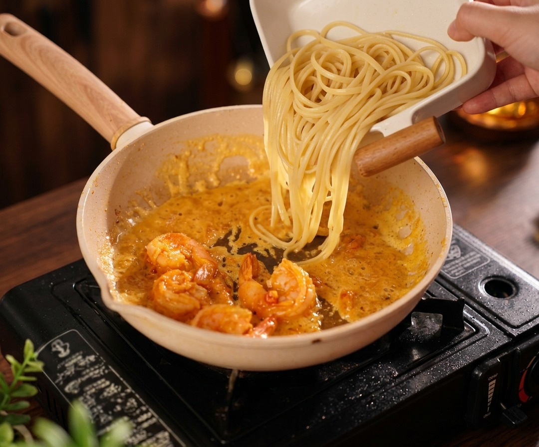 Espaguetis cocidos vertiéndose en la sartén con la salsa espesa de yema dorada y gambas.