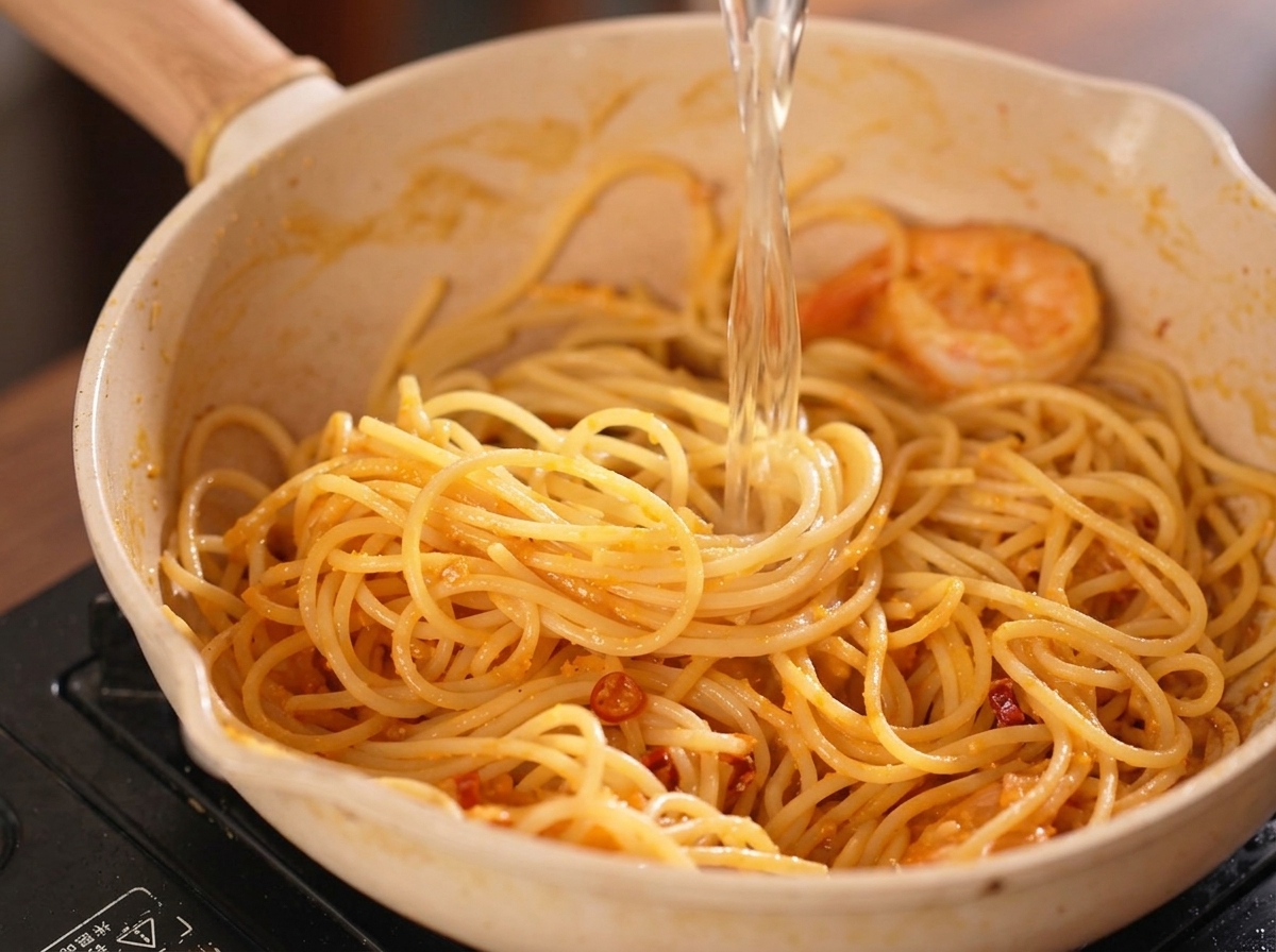Caldo de pollo transparente vertiéndose sobre la pasta y las gambas en la sartén.