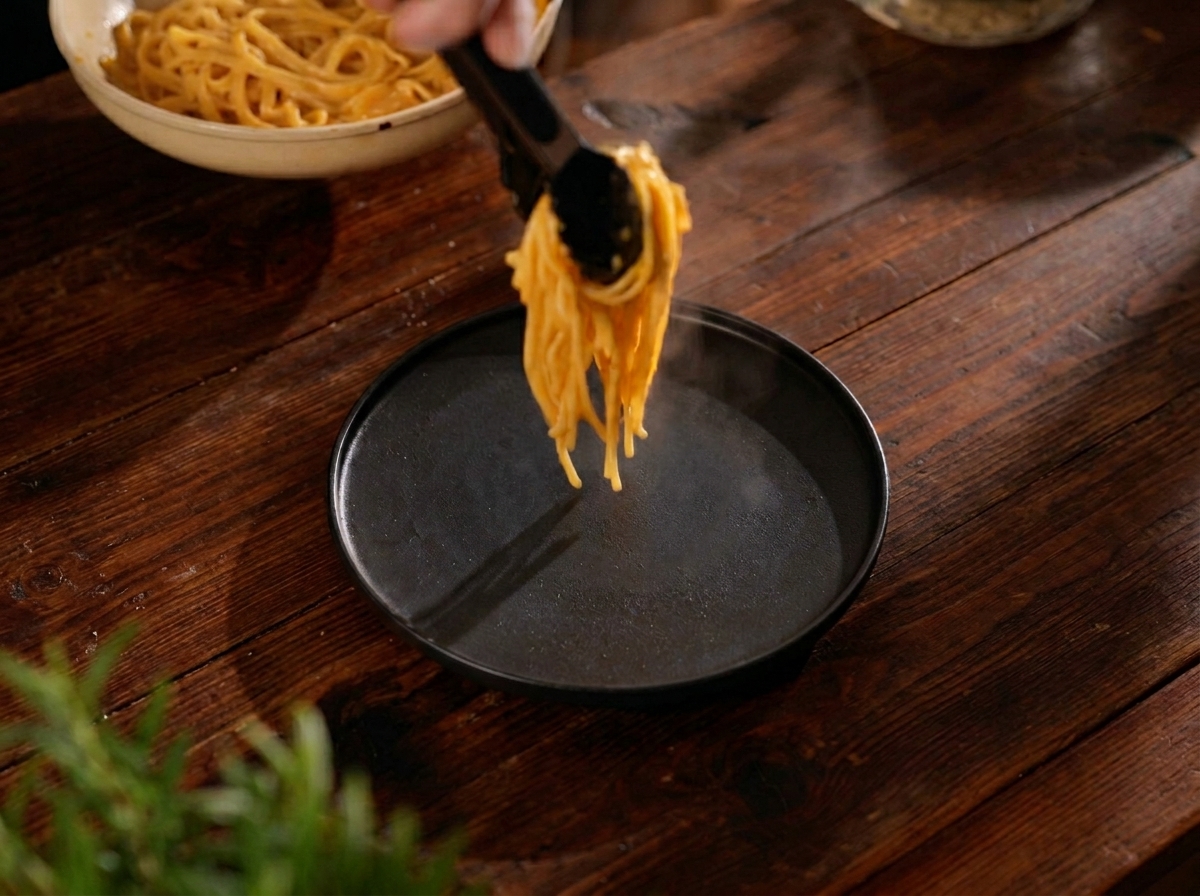 Nido de pasta dorada colocándose sobre un plato negro mate en una mesa de madera rústica.