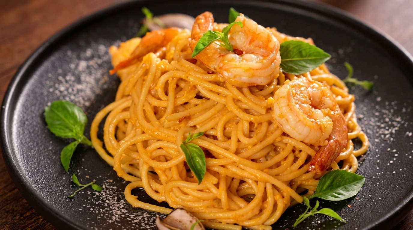 Pasta con Marisco y Yema de Huevo Salada Picante