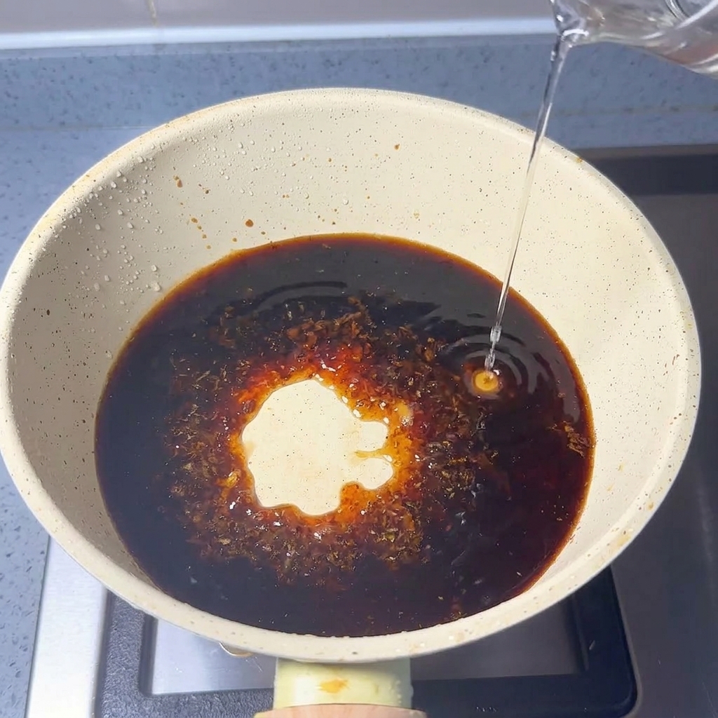 Líquido transparente vertiéndose desde un recipiente de vidrio en una sartén que ya contiene un líquido marrón oscuro y motas de polvo de pescado.