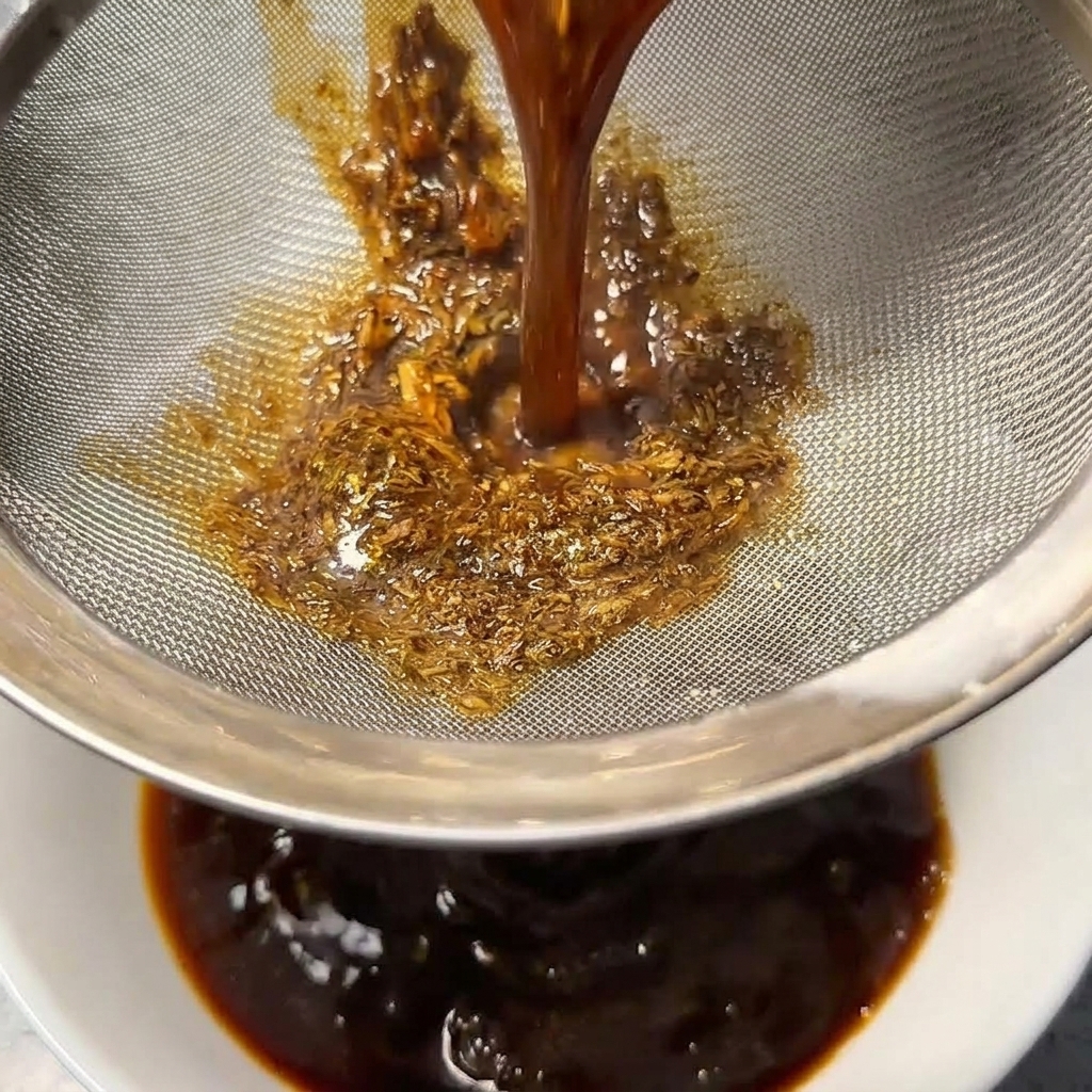 Salsa de color marrón oscuro vertiéndose a través de un tamiz metálico lleno de sedimentos en un bol blanco debajo.