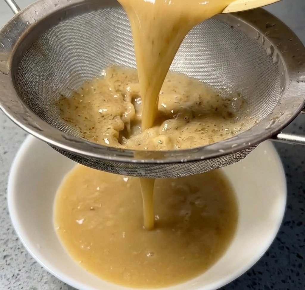 Caldo espeso de color canela vertiéndose a través de un tamiz metálico en un bol de cerámica blanca.