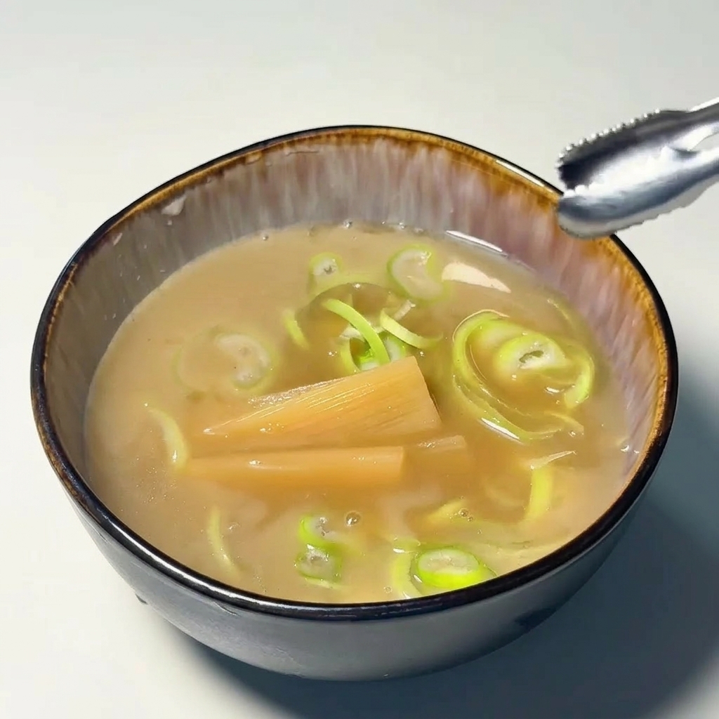 Un bol pequeño con caldo marrón de dipping coronado con aros de cebolleta verde, brotes de bambú y unas pinzas sujetando una rodaja de narutomaki.