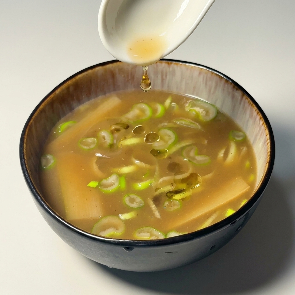 Una cuchara blanca rociando aceite dorado en un bol de salsa de dipping para ramen lleno de cebolletas y bambú.