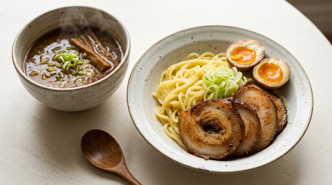 Fideos ramen gruesos y elásticos acompañados de cerdo chashu y huevos marinados, servidos con un caldo de cerdo y pescado humeante.