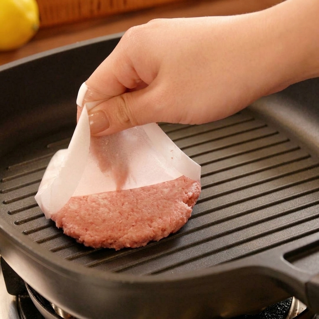 Una mano retirando un cuadrado de papel de horno de una hamburguesa que acaba de ponerse en una plancha caliente.