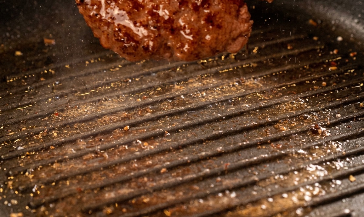 Una hamburguesa de ternera siendo volteada en una plancha, mostrando marcas de sellado oscuras y grasa brillante.