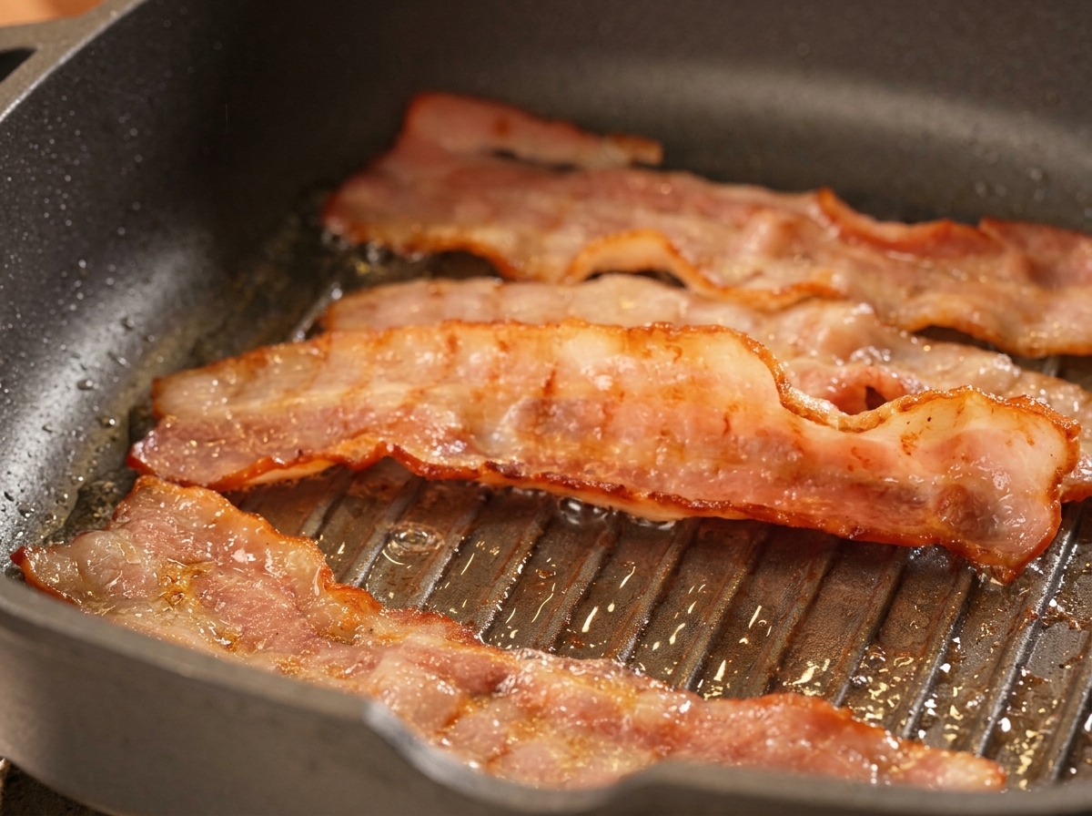 Tiras de bacon burbujeando y dorándose en una plancha de hierro fundido.