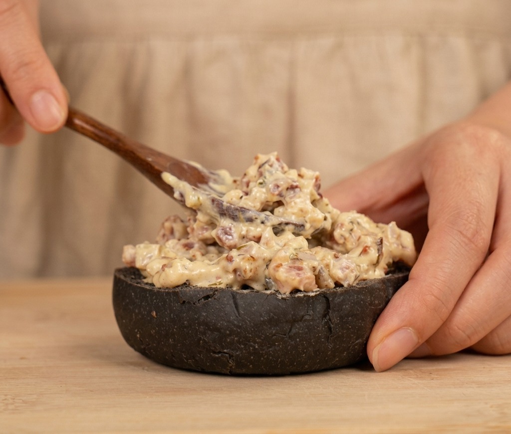 Una persona usando una cuchara de madera para untar una salsa espesa y con textura en la base de un pan de hamburguesa negro.