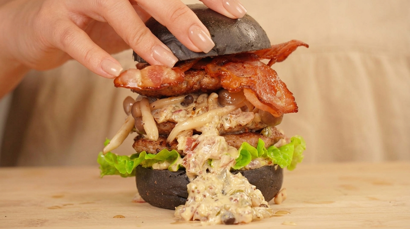 Hamburguesa Black Gold con Doble Carne y Crema de Mostaza