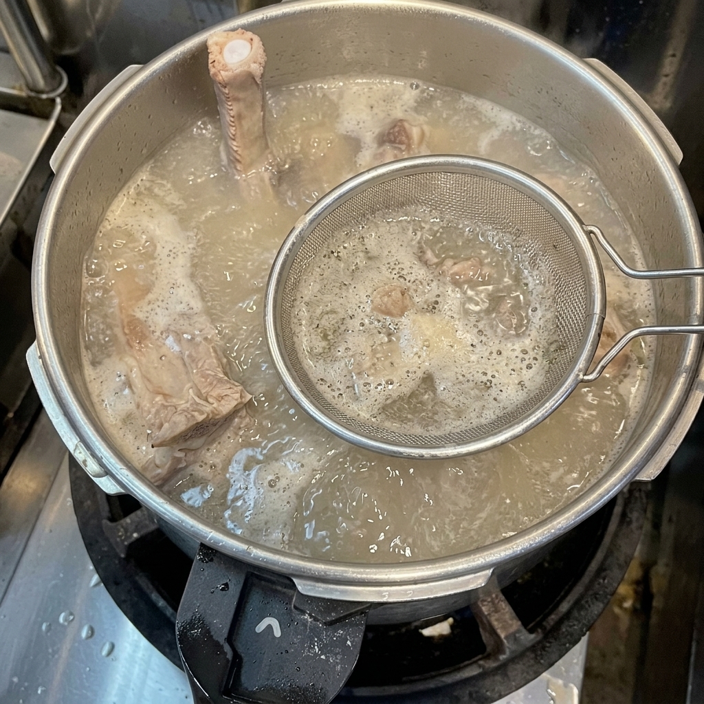 Un colador de malla fina de metal retirando espuma gris de la superficie de un caldo de huesos de cerdo hirviendo en una olla.