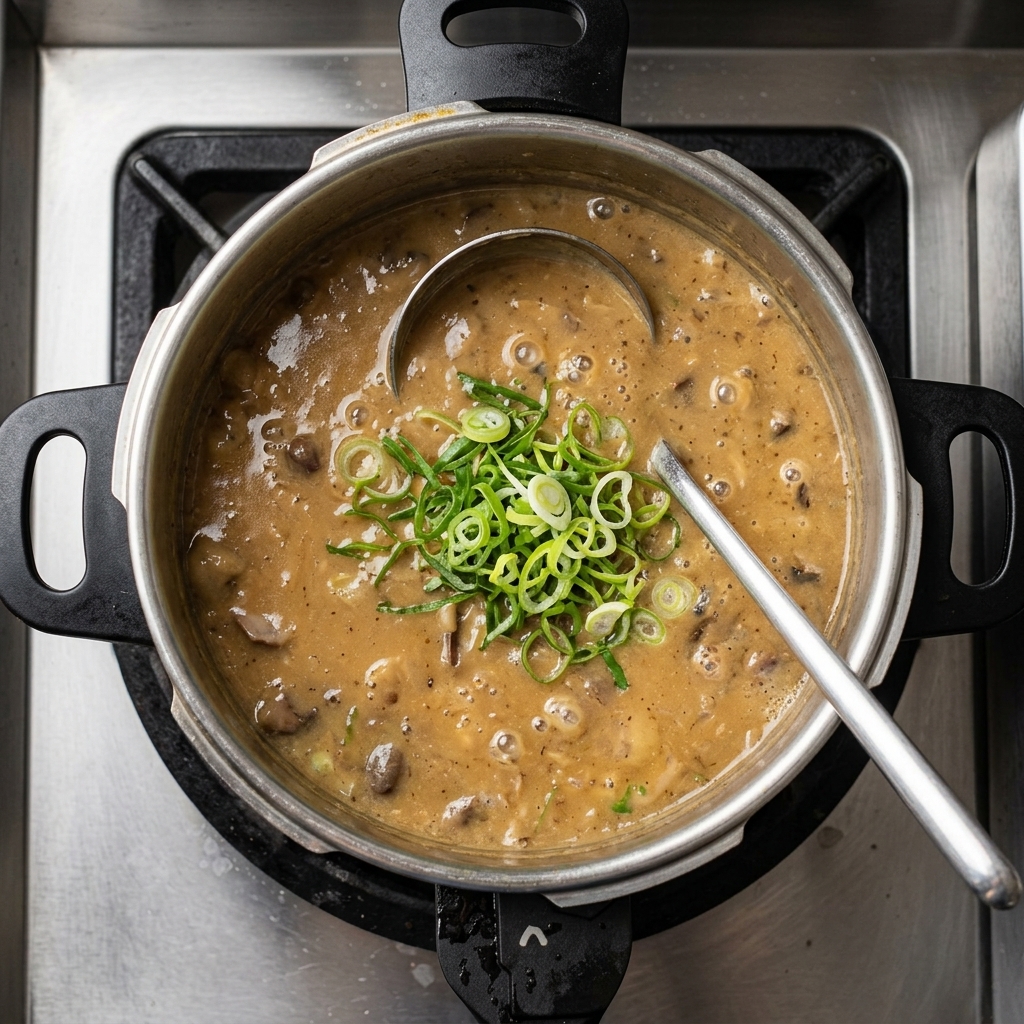 Vista superior de un caldo de ramen espeso, burbujeante y marrón en una olla con un gran montón de cebolletas en rodajas que se añaden al centro.