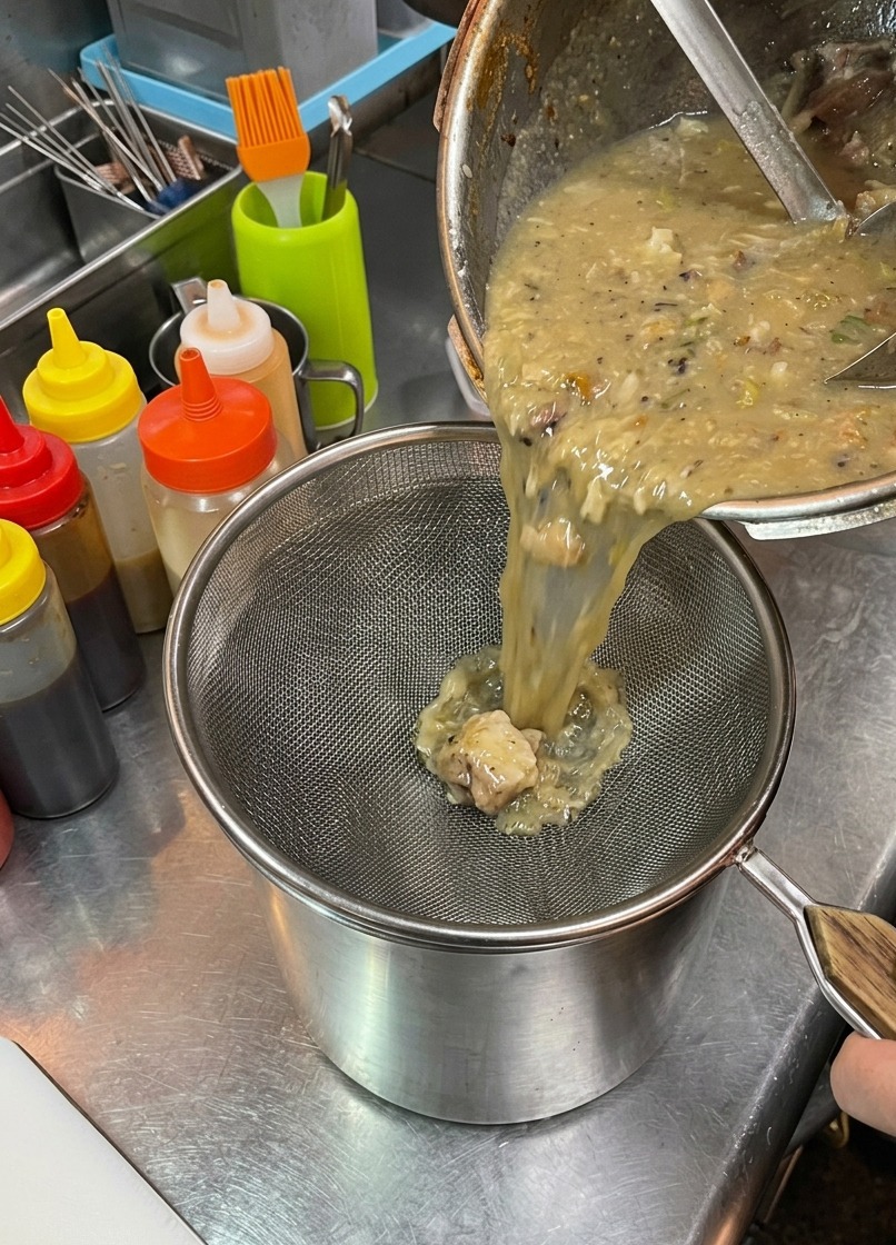 Caldo de ramen espeso y cremoso siendo vertido desde una gran olla a través de un colador de malla plateada en un recipiente de metal, atrapando trozos de cerdo y verduras.
