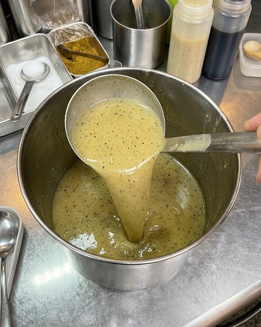 Un cucharón levantando una sopa emulsionada, espesa, opaca y de color marrón claro de un recipiente de acero inoxidable para mostrar su textura cremosa.