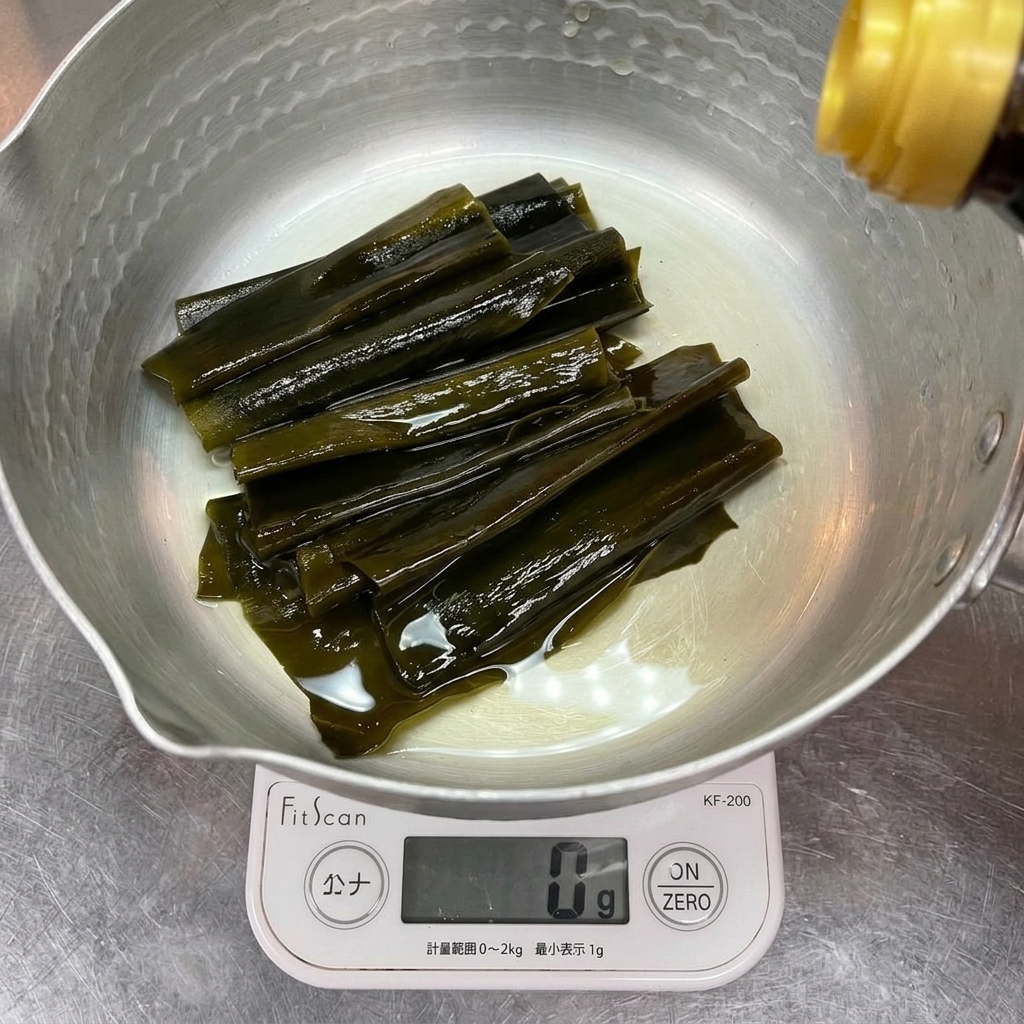 Tiras de alga kombu verde oscuro en una olla plateada pesadas en una báscula digital mientras se vierte líquido condimento.