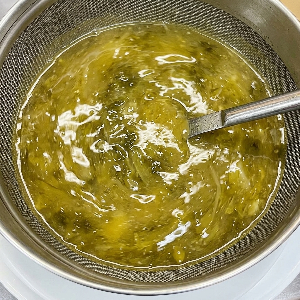 Un batidor removiendo un caldo de ramen espeso y amarillento dentro de un bol de metal, incorporando hierbas verdes y condimentos.