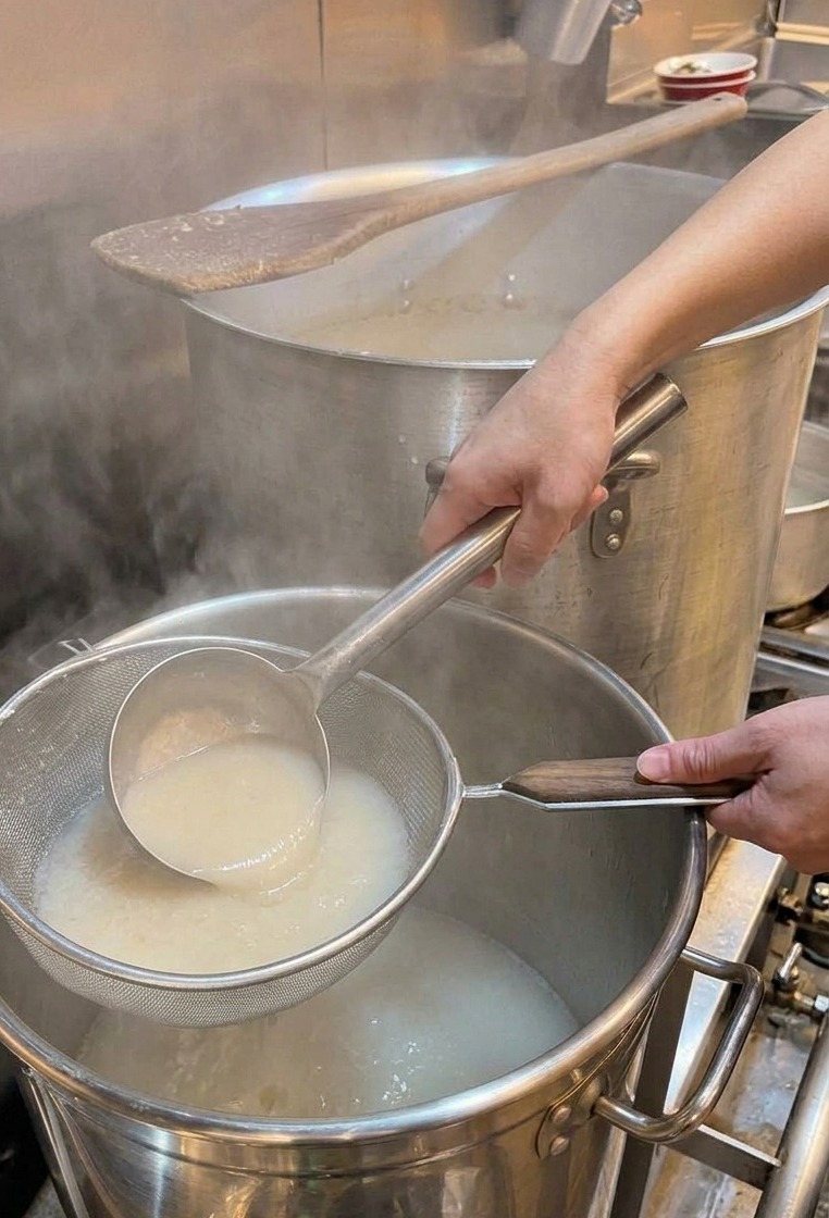 Un cucharón de metal saca caldo de cerdo espumoso y blanco de una gran olla industrial hacia un cazo de acero inoxidable más pequeño.