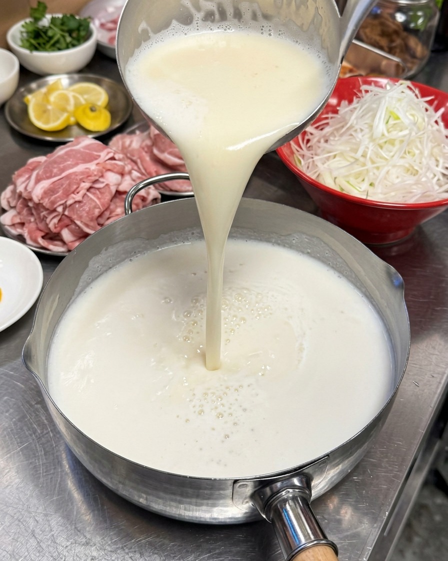 Caldo de ramen blanco y cremoso vertiéndose desde un cucharón en una olla de acero inoxidable sobre la encimera.
