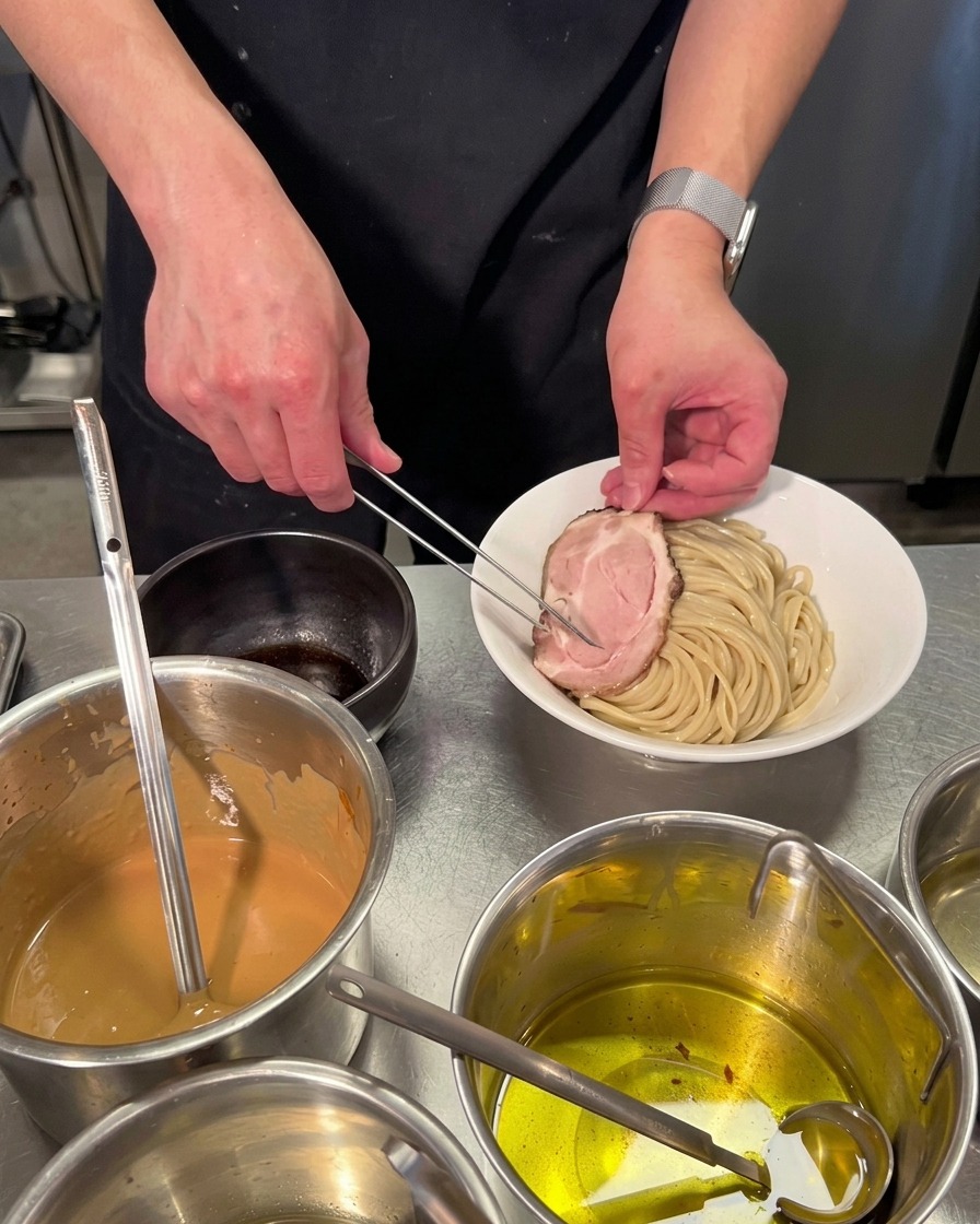 Uso de pinzas plateadas para colocar una rebanada redonda de chashu de cerdo sobre un tazón de fideos gruesos perfectamente organizados.
