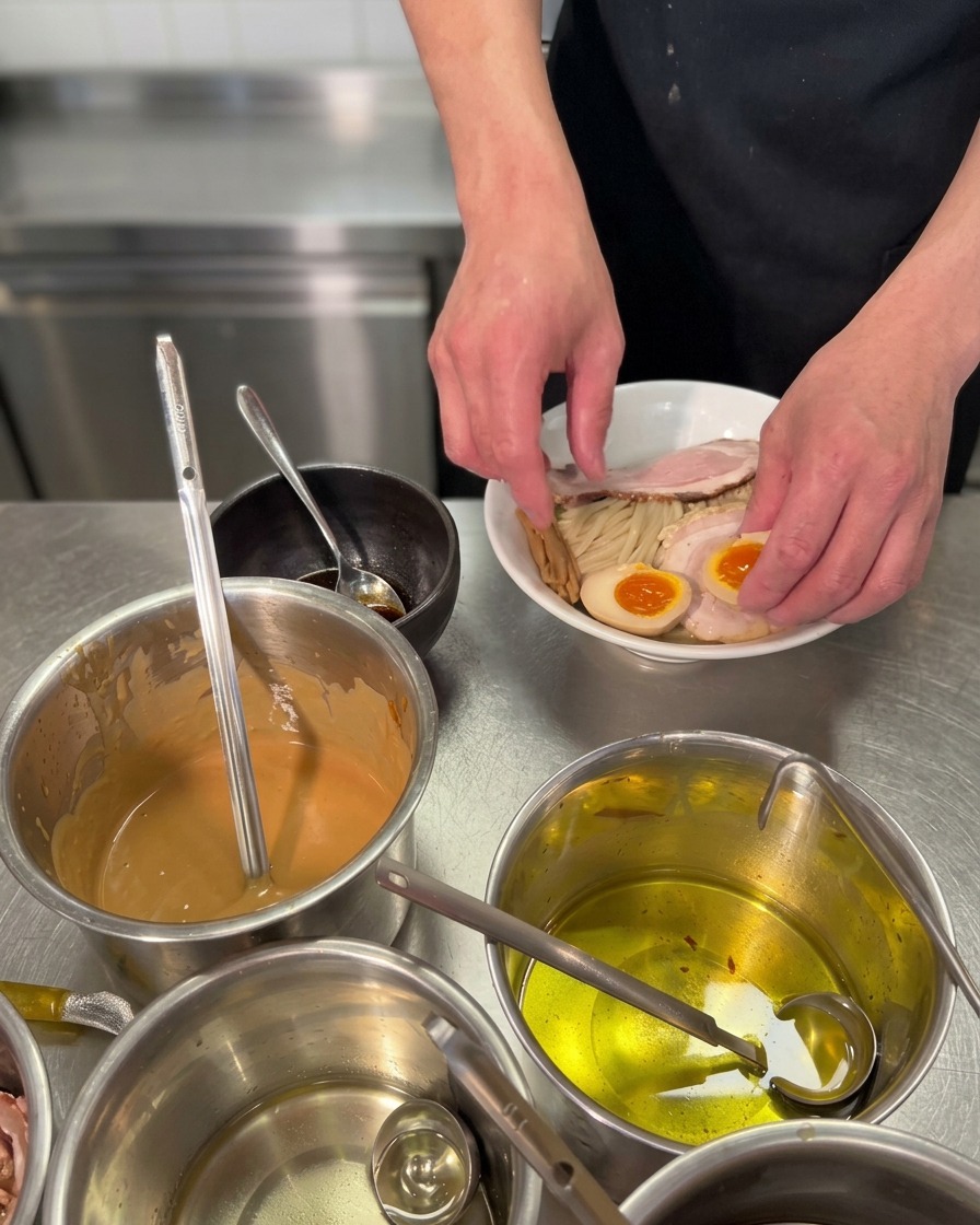 Primer plano de unas manos colocando dos mitades de un huevo de ramen pasado por agua con yemas naranjas melosas en un tazón blanco con fideos y cerdo rebanado.