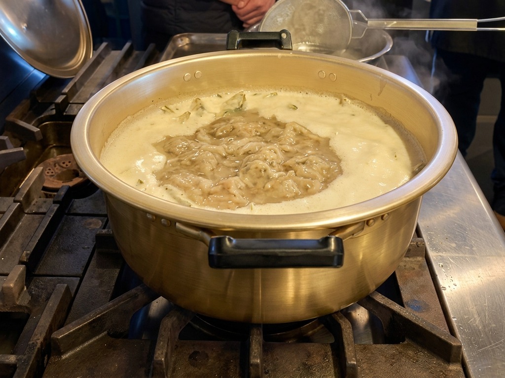 Trozos de pescado seco y aromáticos burbujeando en un caldo espeso de color blanco dorado dentro de una olla grande.