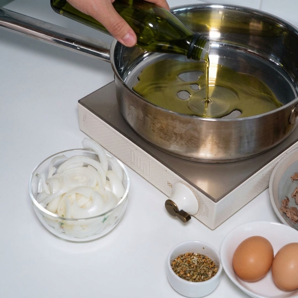 Una mano virtiendo aceite de cocina dorado desde una botella verde en una sartén limpia de acero inoxidable sobre una estufa de inducción.