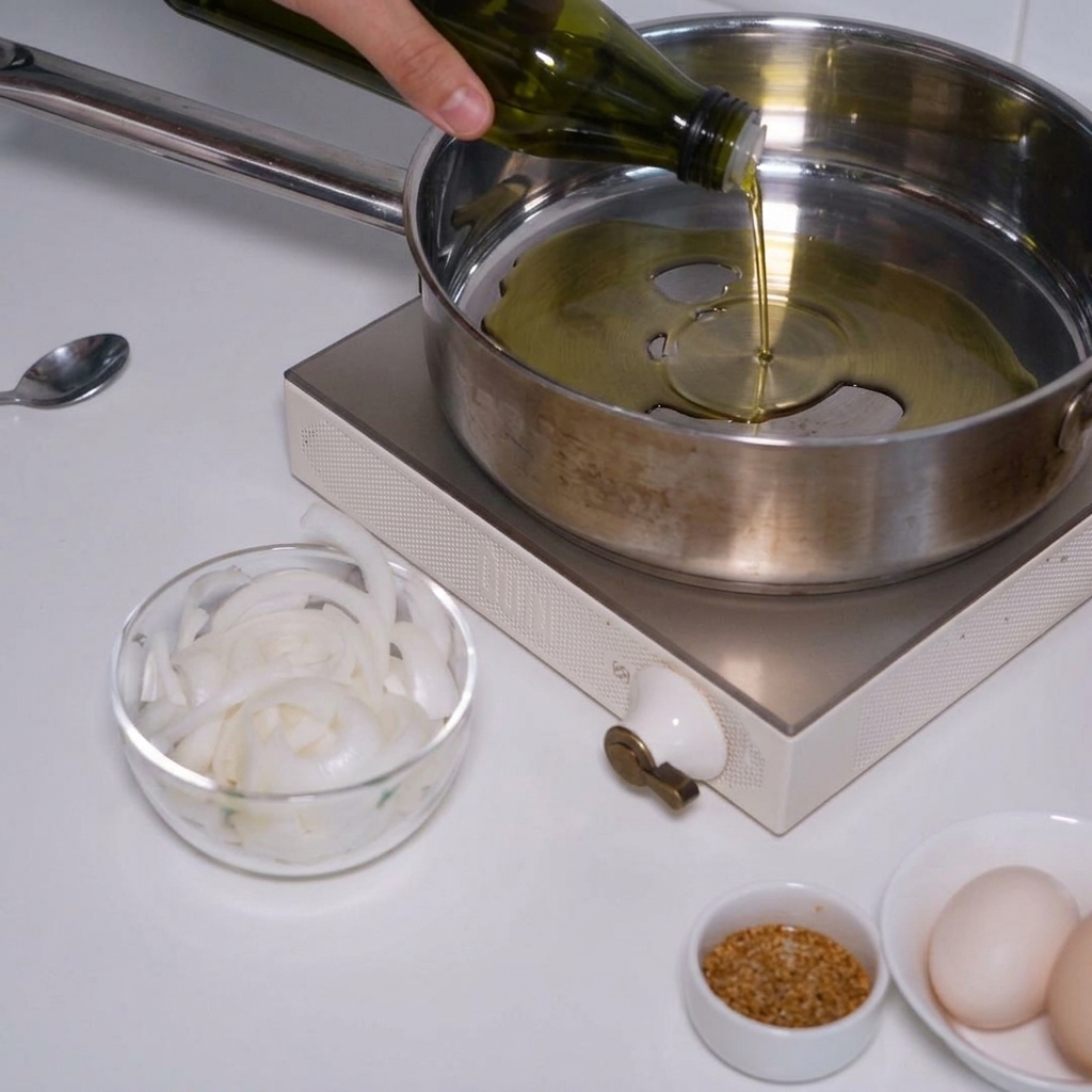 Una mano virtiendo aceite de cocina desde una botella de vidrio verde en una sartén caliente de acero inoxidable.