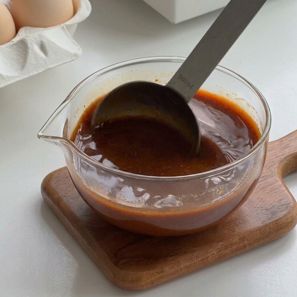 Una mezcla de salsa de color marrón oscuro siendo removida a fondo con una cuchara de metal en un tazón de vidrio transparente.